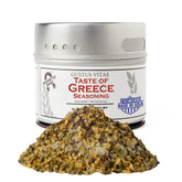 Gustus Vitae Taste of Greece front jar highlights premium all-natural spice blend for kitchens