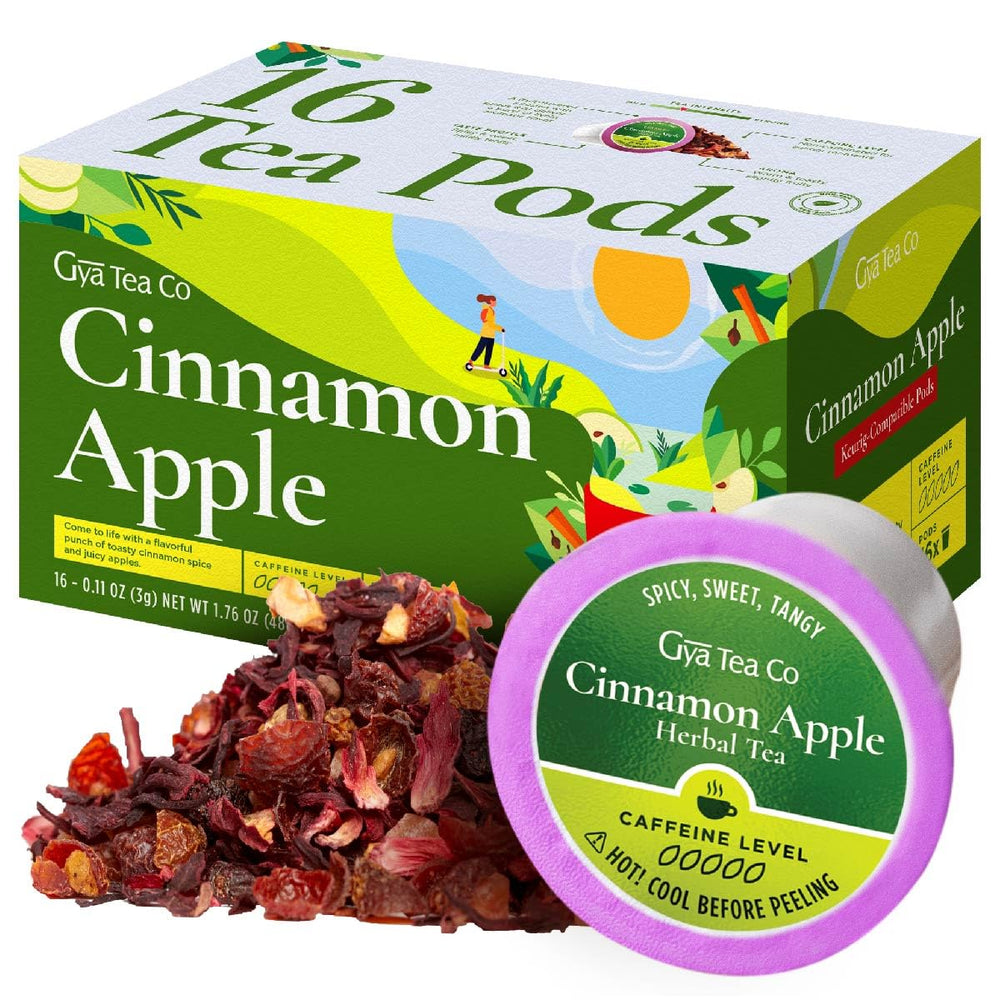 Gya Tea Co Cinnamon Apple Tea Pod 16 Count label shows premium ingredients.