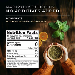 Closeup of lemon balm leaves and orange peel highlights natural ingredients and bright aroma.