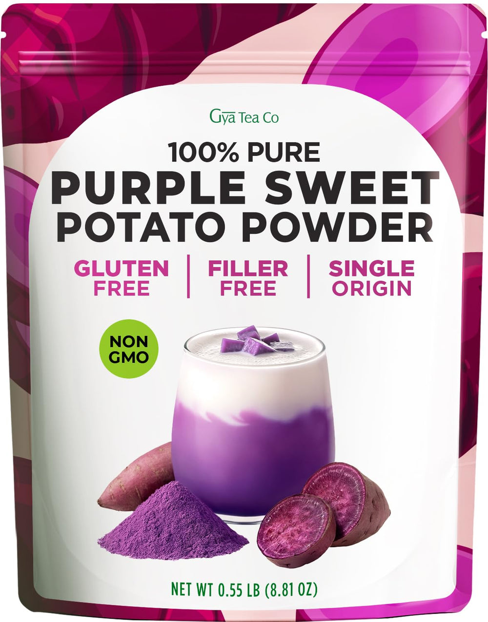 Gya Tea Co purple sweet potato powder packaging shows resealable storage for freshness.
