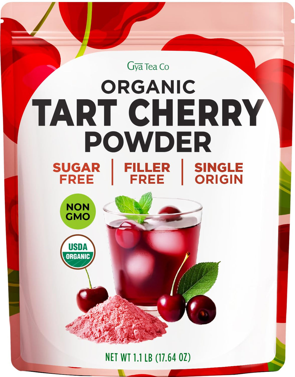 Gya Tea Co tart cherry powder jar, ideal for baking and beverages, with rich color.