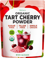 Gya Tea Co tart cherry powder jar, ideal for baking and beverages, with rich color.