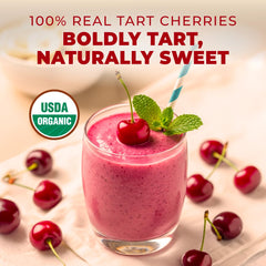 Gya Tea Co tart cherry powder scoop ready for quick smoothie additions.