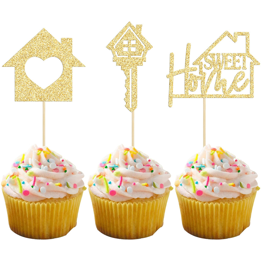 Gyufise Sweet Home cupcake toppers with gold glitter key add festive cake charm.