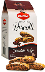 Haddar gluten free chocolate fudge biscotti pack front, ideal for a coffee break.
