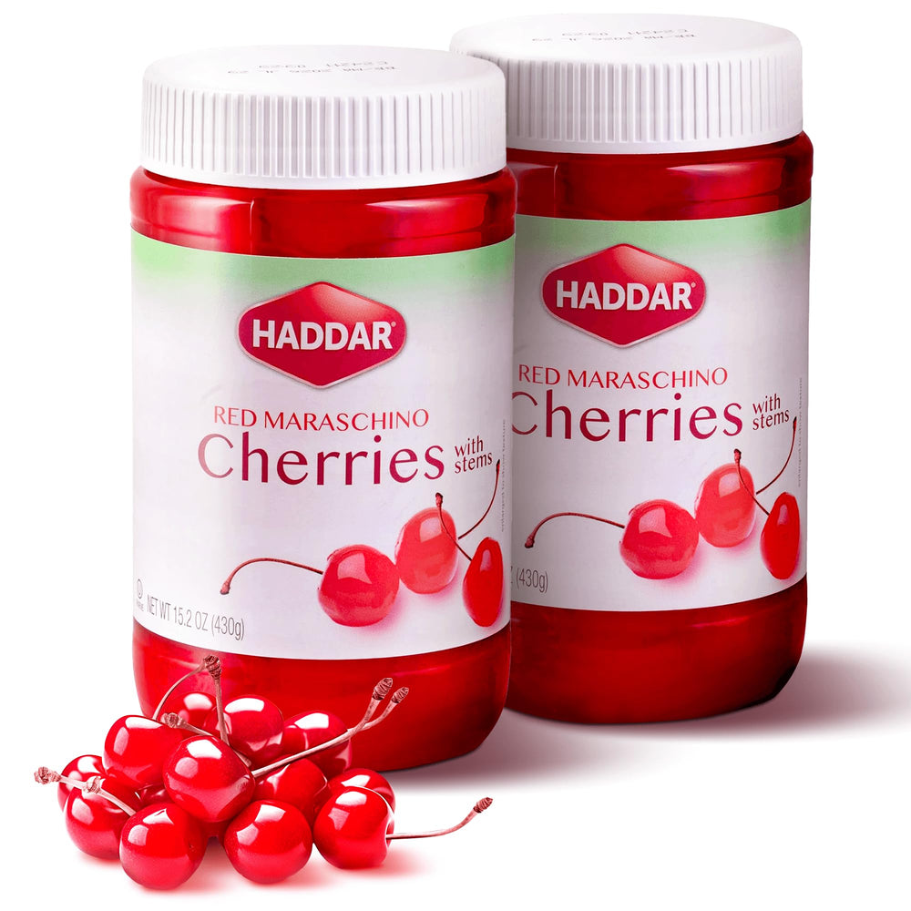 Haddar red maraschino cherries with stems in a jar for vibrant cocktail garnish.