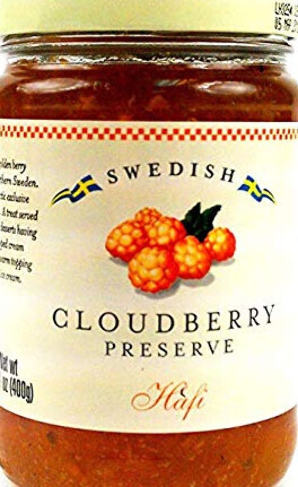 Hafi Cloudberry Preserves jar, vibrant color, ideal dessert topping with whipped cream.