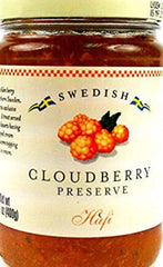 Hafi Cloudberry Preserves jar, vibrant color, ideal dessert topping with whipped cream.