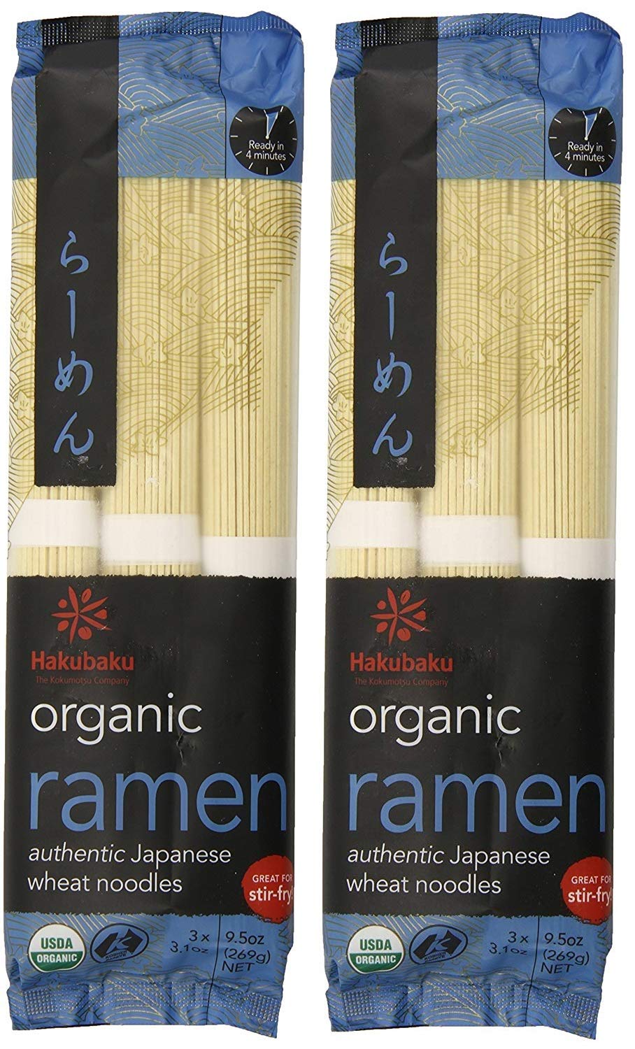 Hakubaku Organic Ramen Noodles 2-pack front view, convenient dinner base.