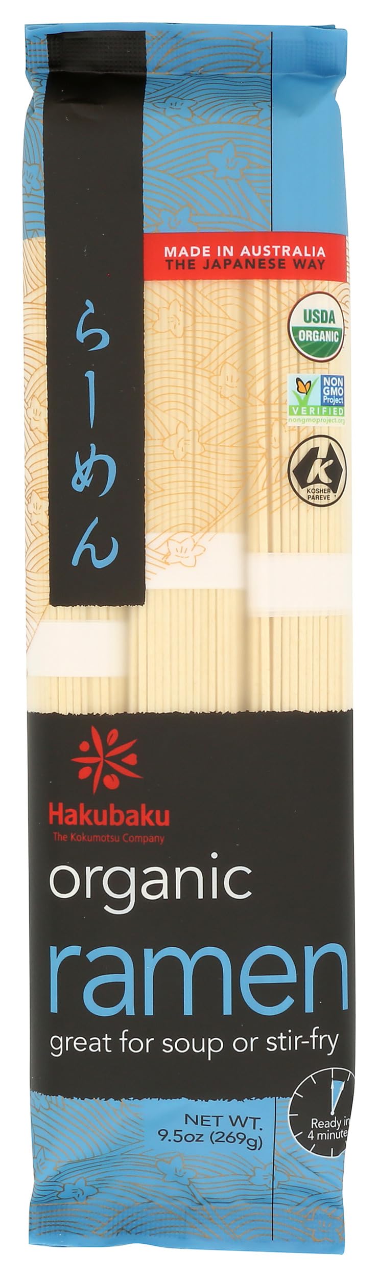 Hakubaku organic ramen noodles packaging close-up with USDA organic certification and kosher status.
