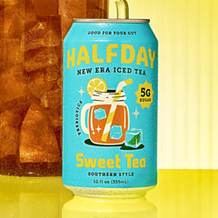 HALFDAY cold glass with iced tea demonstrates ready-to-drink convenience.