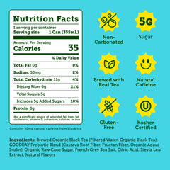 HALFDAY nutrition facts label highlights 5g sugar and 35 calories per can.
