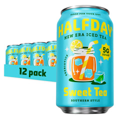 HALFDAY prebiotic sweet tea can front view with 6g fiber for digestive wellness.