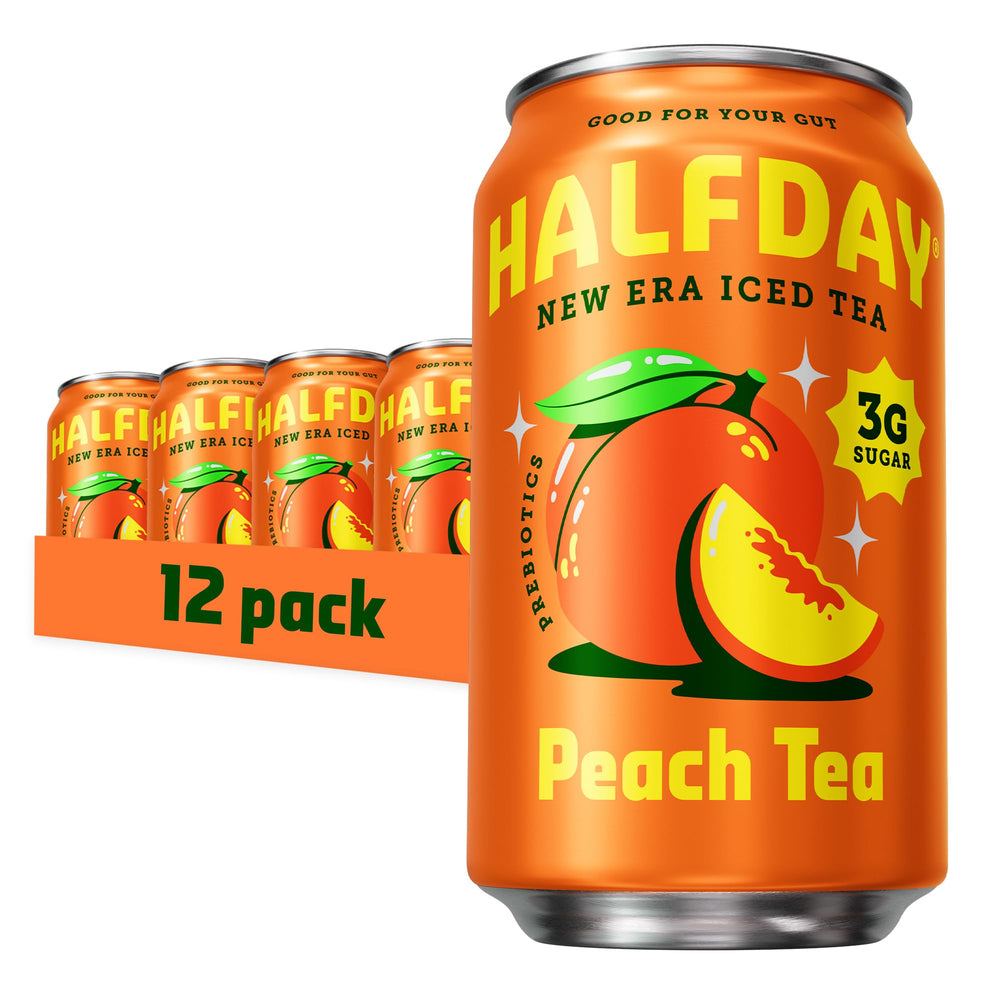 Halfday peach iced tea can front view highlighting real brew flavor for anytime refreshment.