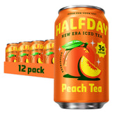Halfday peach iced tea can front view highlighting real brew flavor for anytime refreshment.