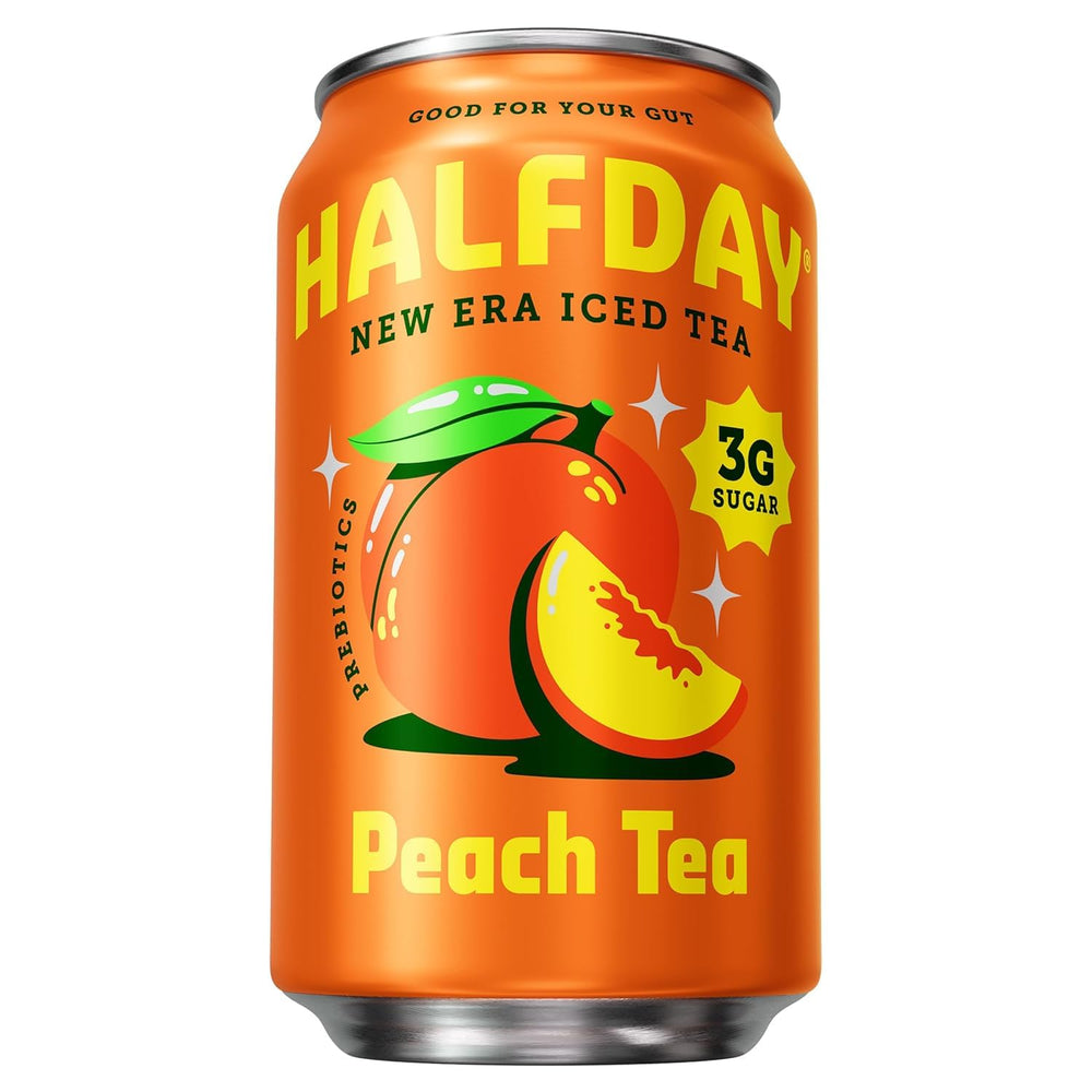 Halfday Peach Iced Tea can showing real peach flavor and refreshing finish