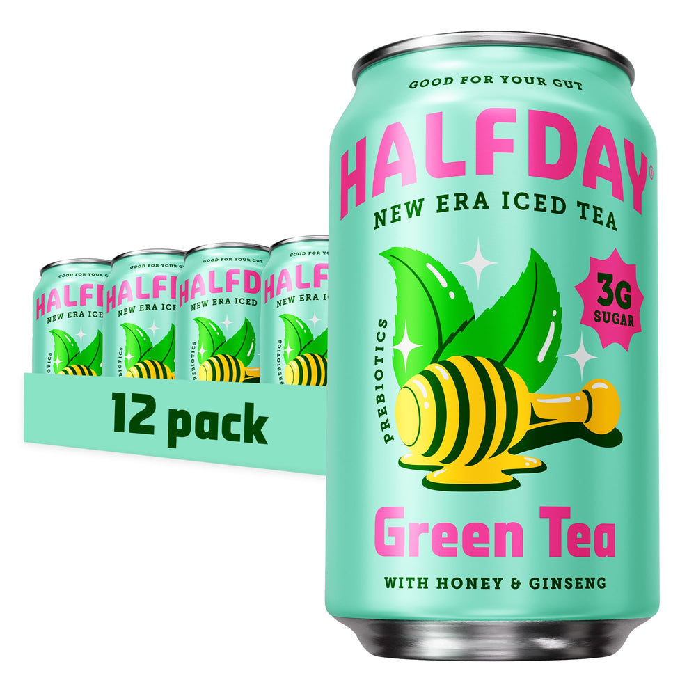 Halfday prebiotic green tea can front view highlighting low sugar and gut-friendly formula.