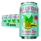 Halfday prebiotic green tea can front view highlighting low sugar and gut-friendly formula.
