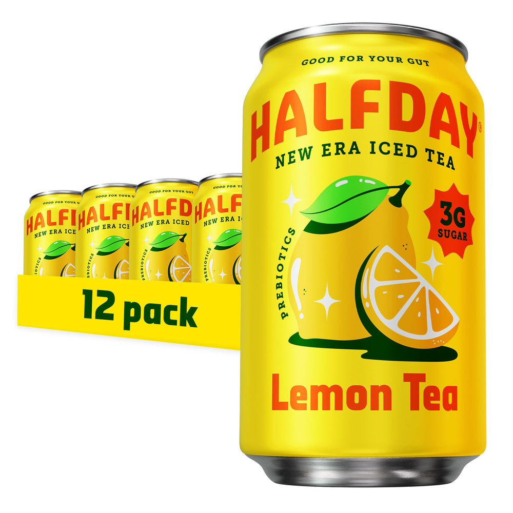 Halfday Prebiotic Lemon Iced Tea can front view with lemon, showcasing refreshing flavor and fiber benefits.