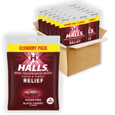 HALLS relief sugar-free black cherry drops in a bag for convenient, sugar-free throat comfort.