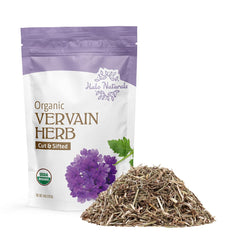 Halo Naturals Vervain herb cut and sifted in a resealable 4 oz pouch for easy tea prep.