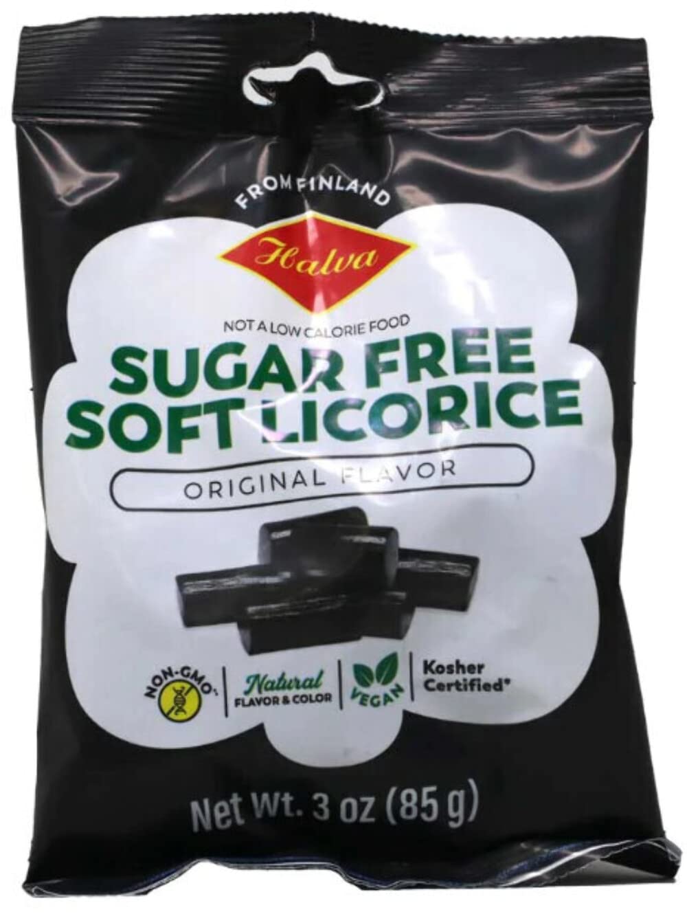 Halva sugar-free black licorice bag with soft texture, bold flavor, and convenient snack option.