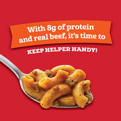 Hamburger Helper Chili Macaroni beef chunks close-up; hearty protein in every bite.
