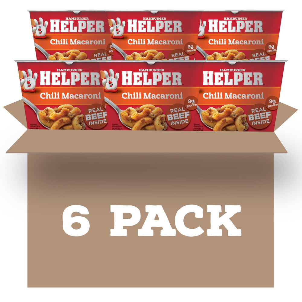 Hamburger Helper Chili Macaroni microwave cup front view; quick weeknight dinner option.