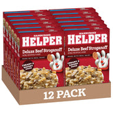 Hamburger Helper Deluxe Beef Stroganoff pasta box showing creamy sauce for quick weeknight dinners