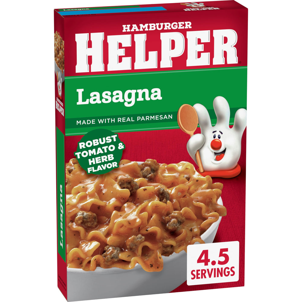Hamburger Helper Lasagna box closeup for a quick, family-friendly weeknight dinner option.