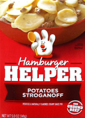 Hamburger Helper Potatoes Stroganoff box by Betty Crocker, quick weeknight dinner option.