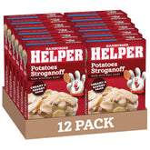 Hamburger Helper Potatoes Stroganoff box on pantry shelf for easy weeknight dinners.