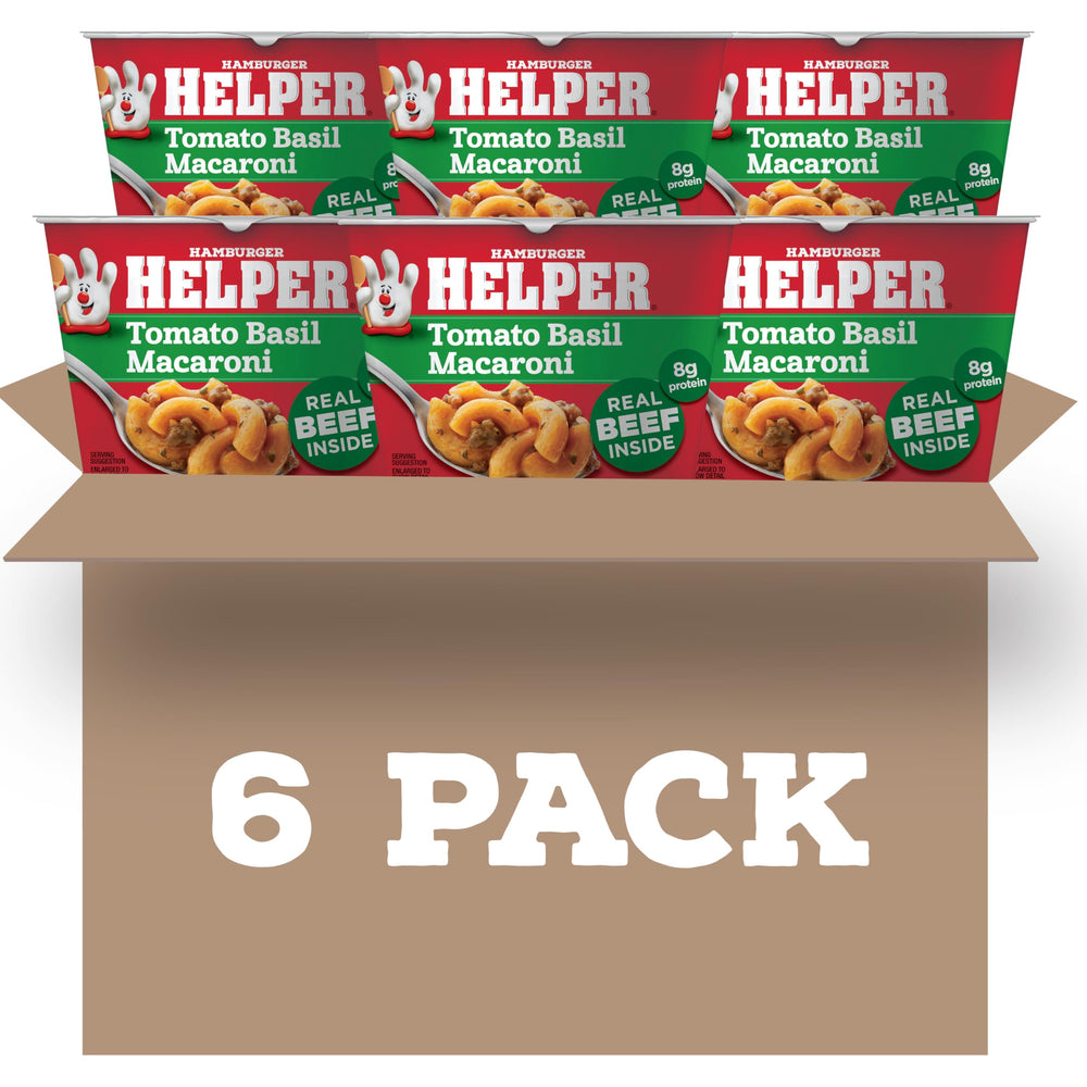Hamburger Helper Tomato Basil Macaroni microwave cup front view, quick weeknight dinner.