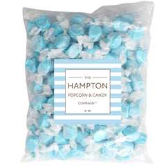 The Hampton Candy blue raspberry taffy pieces, individually wrapped for freshness and easy gifting.
