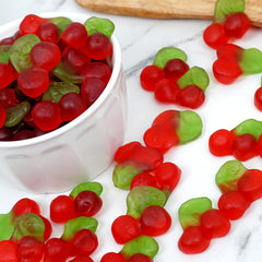 Gummy cherries arranged as party favors for celebrations and treats