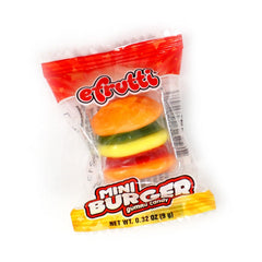 Closeup of efrutti gummy mini burger texture, showcasing fruity chews and bright colors for a playful snack.