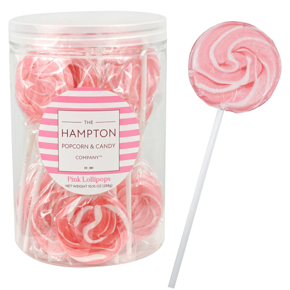 The Hampton Candy Company pink swirl lollipop pack for party favors.