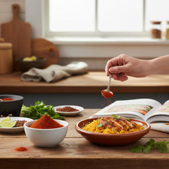 Hampton Distribution annatto powder pour shot showing vibrant color for dishes.