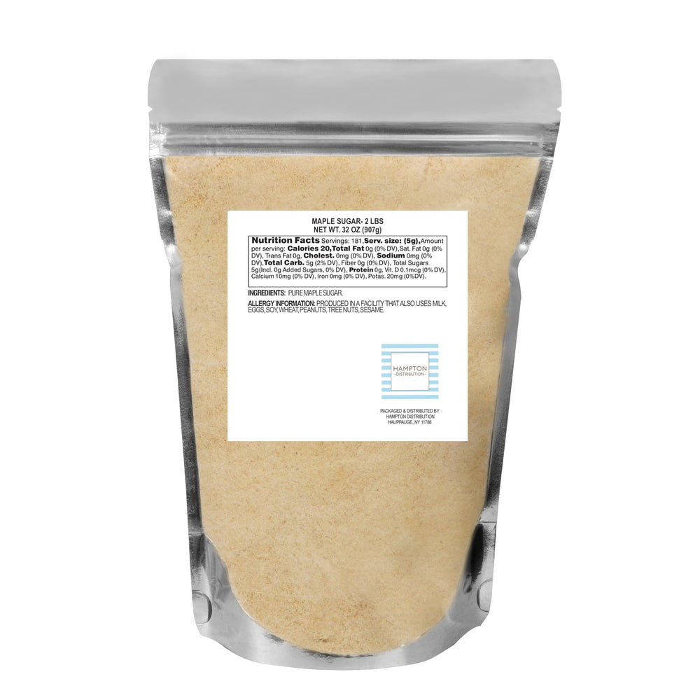 Hampton Distribution maple sugar 2 lb bag close view, ideal for baking or sprinkling.