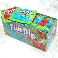Bulk-case display featuring The Hampton Popcorn Company Lik-M-Aid Fun Dip for easy catering.