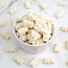 Closeup of white-sugared gummy bears from The Hampton Popcorn Company