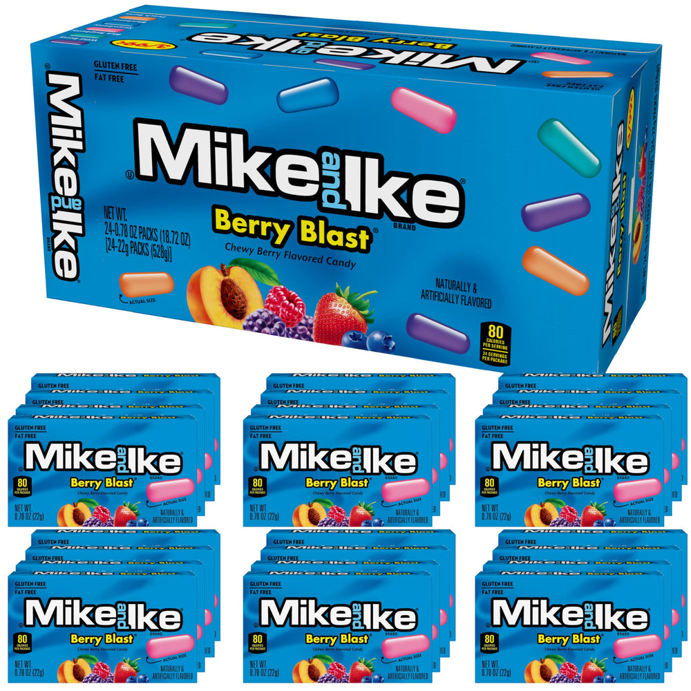 The Hampton Candy Company Mike and Ike Berry Blast box front, perfect for on-the-go berry snacking.