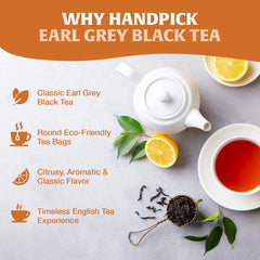 Bergamot oil note highlighted near HANDPICK Earl Grey tea bags.