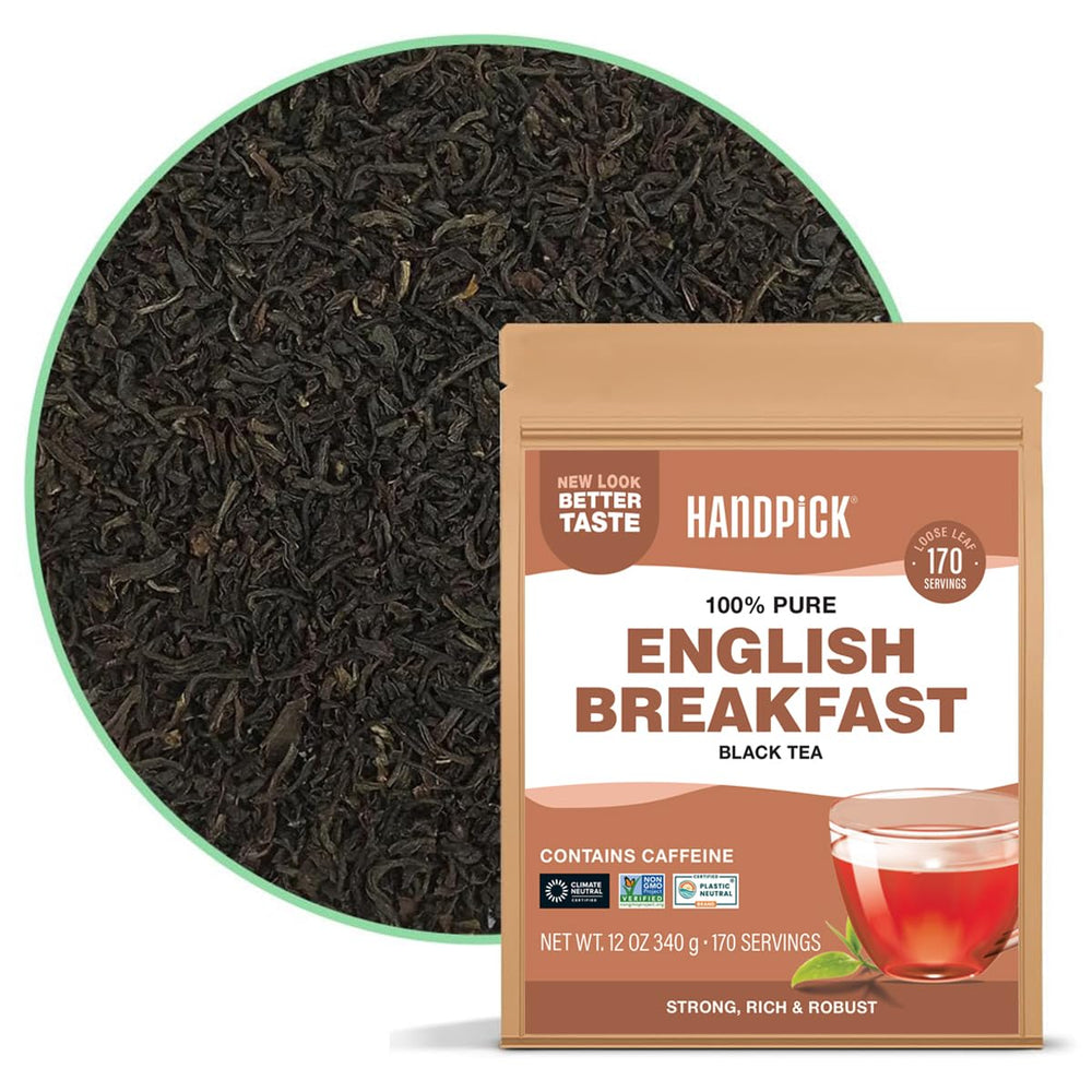 HANDPICK English Breakfast loose-leaf tea in resealable pouch delivering bold morning flavor.