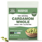 HANDPICK Green Cardamom Pods close-up in resealable pouch for lasting aroma.