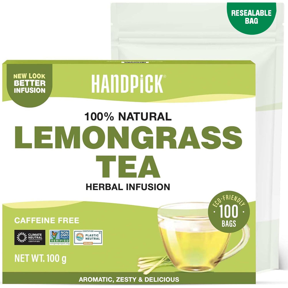 HANDPICK Lemongrass tea bags packaging highlights eco-friendly round bags.
