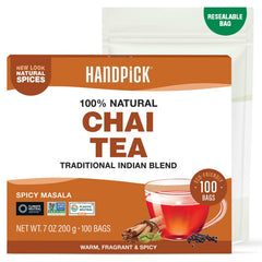 HANDPICK Masala Chai tea bags in focus for a bold, rich brew.