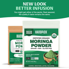 Close-up of HANDPICK Moringa leaf powder, vibrant green for recipes.