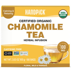 HANDPICK Organic Chamomile Tea Bags pack showing eco-friendly packaging and pure aroma.