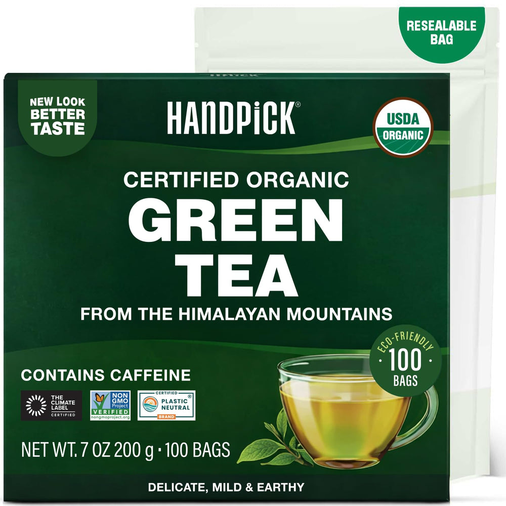HANDPICK Organic Green Tea Bags in a resealable pack for lasting freshness.